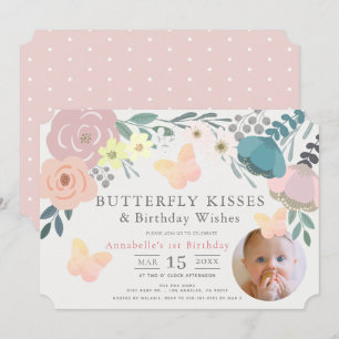 Butterfly Kisses Pink Floral Girl Geburtstags-Foto Einladung