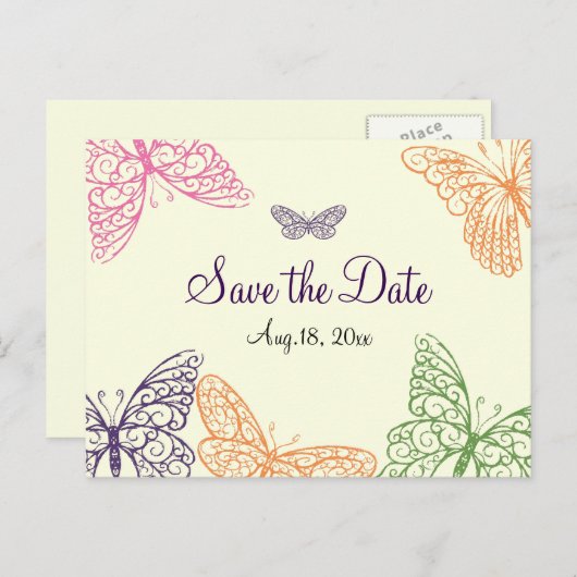 Butterfly Kisses Save the Date gelb Ankündigungspostkarte (Vorne/Hinten)