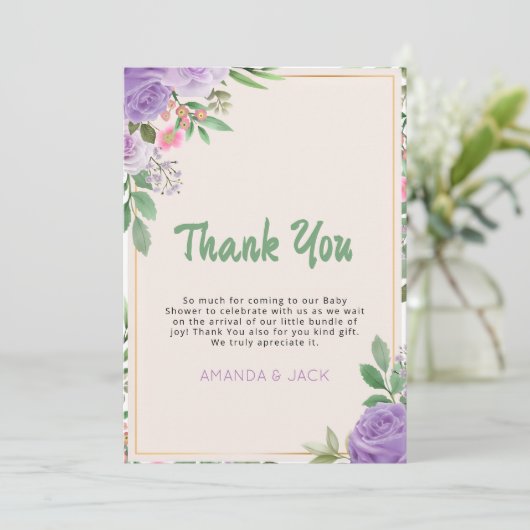 Butterfly Kisses Violet Blume Babydusche Dankeskarte (Stehend Vorderseite)