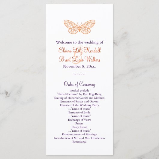 Butterfly Kisses Wedding Program (Orange & lila) Programm (Vorderseite)