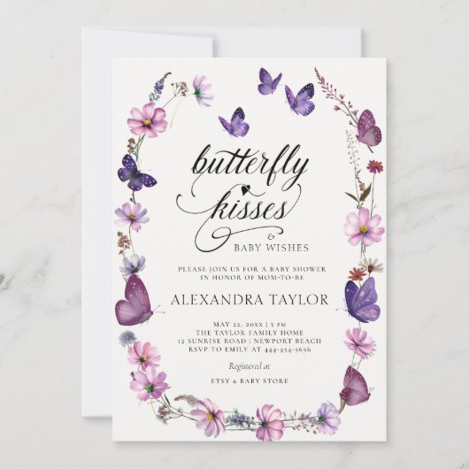 Butterfly Kisses Wild Lila Baby Girl Shower Einladung (Vorderseite)