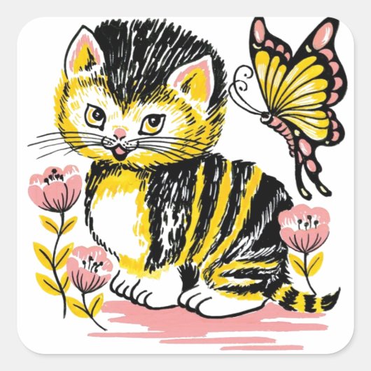 Butterfly & Kitten Quadratischer Aufkleber (Vorderseite)