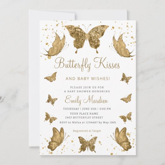 Butterfly-Küsse und Baby wünscht Mädchen-Dusche Einladung (Vorderseite)