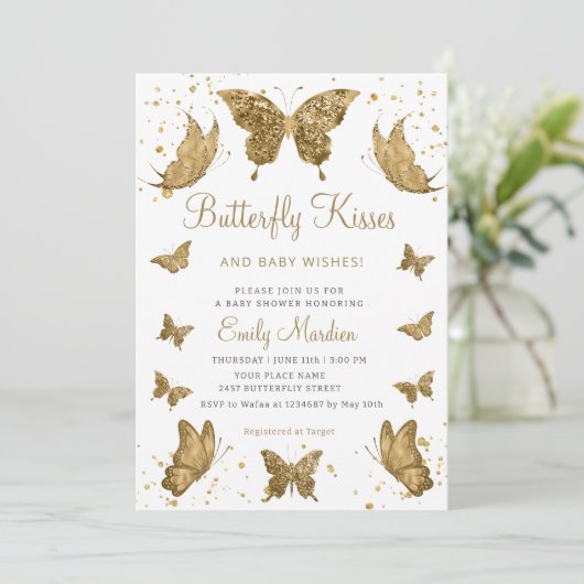 Butterfly-Küsse und Baby wünscht Mädchen-Dusche Einladung (Stehend Vorderseite)