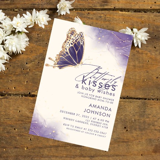 Butterfly küsst Lila Glitzer Kinderdusche Einladung