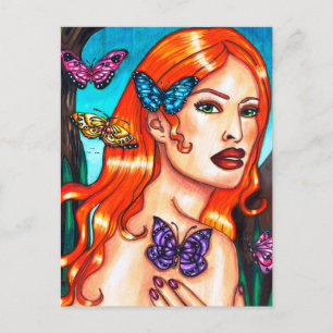 Butterfly Lady Nature Girl Originale Kunst zeichn Postkarte