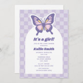 Butterfly Lavender Checkerboard Girl Baby Dusche Einladung (Vorne/Hinten)