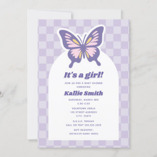 Butterfly Lavender Checkerboard Girl Baby Dusche Einladung