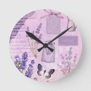 Butterfly Lavender Lilac Floral Ephemera Runde Wanduhr