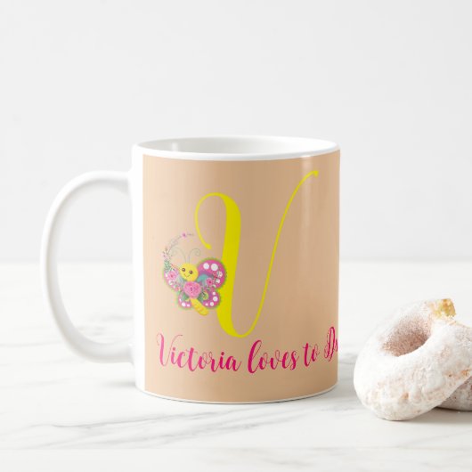 Butterfly Letter V Floral Tasse (Mit Donut)