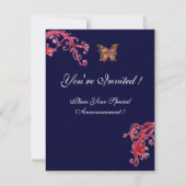 BUTTERFLY, leuchtend rot blau Einladung (Rückseite)