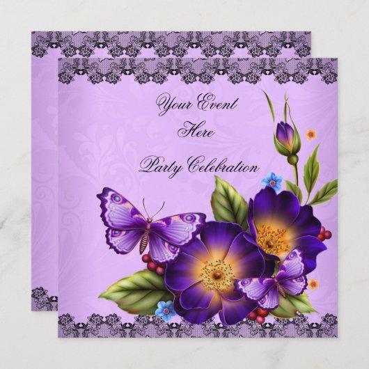 Butterfly Lila Black Lace Blume Damask Party Einladung (Vorne/Hinten)
