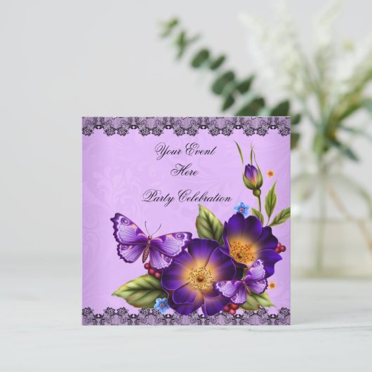 Butterfly Lila Black Lace Blume Damask Party Einladung (Stehend Vorderseite)