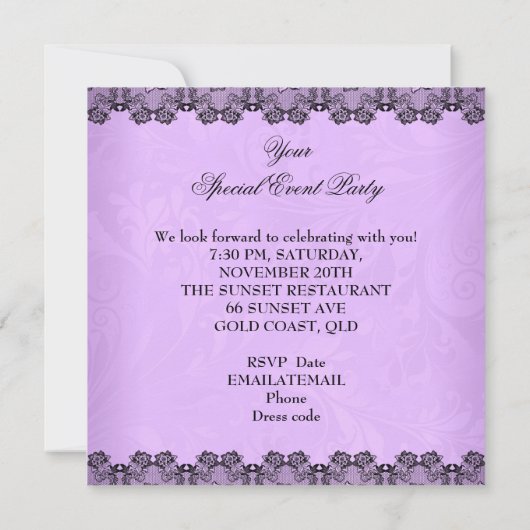 Butterfly Lila Black Lace Blume Damask Party Einladung (Rückseite)