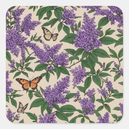 Butterfly-Lila-Blumen und Schmetterlinge Quadratischer Aufkleber (Vorderseite)