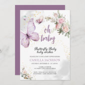 Butterfly Lila Floral Pink Babydusche Einladung (Vorne/Hinten)