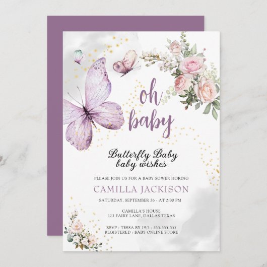Butterfly Lila Floral Pink Babydusche Einladung (Vorne/Hinten)