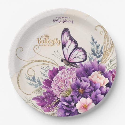 Butterfly Lila Floral Pink Girl Babydusche Pappteller (Vorderseite)