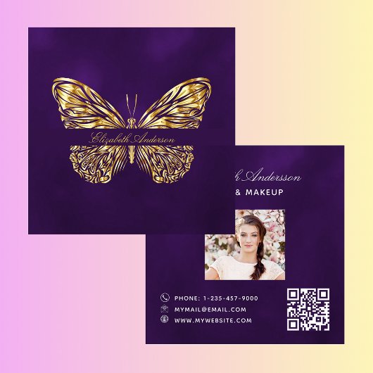 Butterfly-lila-QR-Code-Foto Quadratische Visitenkarte