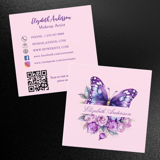 Butterfly lila rosa Blume QR-Code für soziale Medi Quadratische Visitenkarte