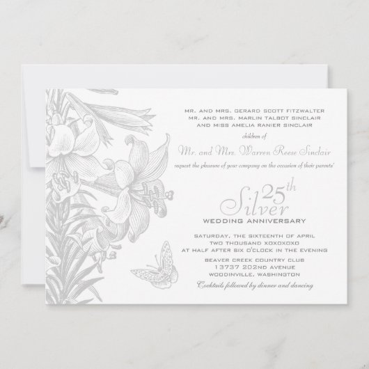 Butterfly Lilies Silver 25. Hochzeitstag Einladung (Vorderseite)