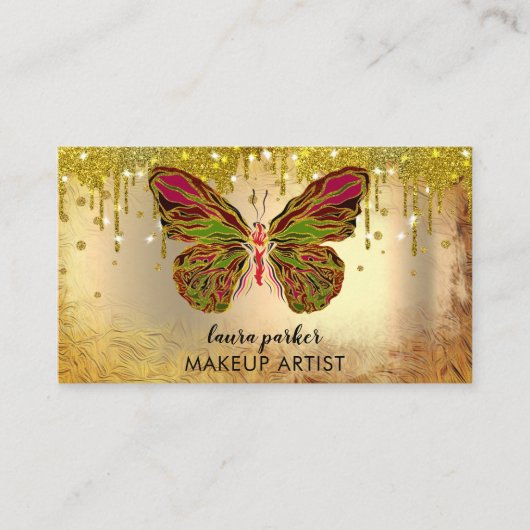 Butterfly Logo Gold Drilling Girly Modern Rainbow  Visitenkarte (Vorderseite)