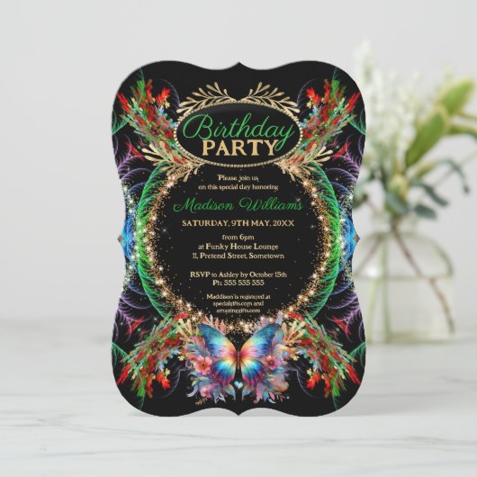 Butterfly Magic Fraktal Sparkle Geburtstag Einladung (Stehend Vorderseite)