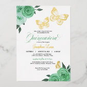Butterfly Minze Green Rose Quinceanera Real Folieneinladung (Vorderseite)