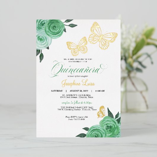Butterfly Minze Green Rose Quinceanera Real Folieneinladung (Stehend vorne)