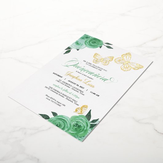 Butterfly Minze Green Rose Quinceanera Real Folieneinladung (Gedreht)