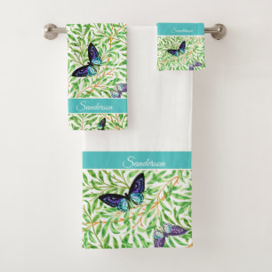 Butterfly Modern Stylish Navy Blue Monogram Badhandtuch Set