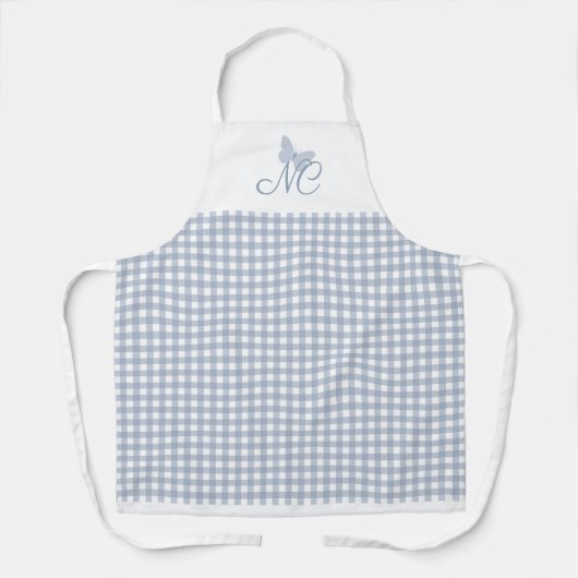 Butterfly Monogram Dusty Blue Gingham Karos Schürze (Vorderseite)