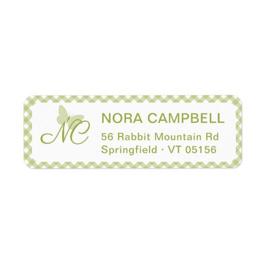 Butterfly Monogram Green Gingham Rücksendeadresse (Vorne)