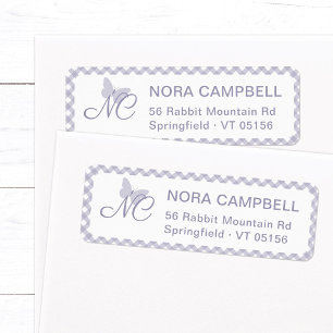 Butterfly Monogram Lavender Gingham Rücksendeadres