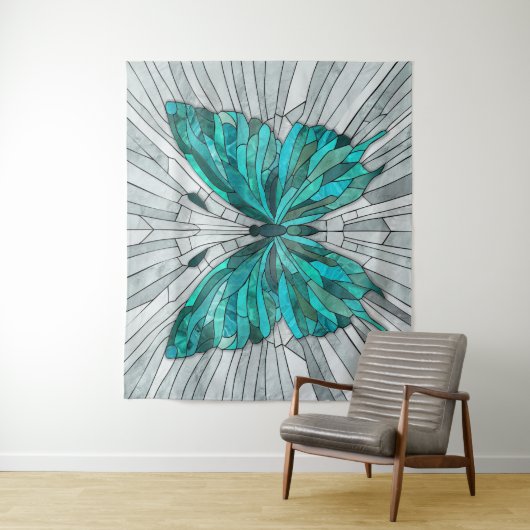 Butterfly Mosaic - Emerald Green und Grau Wandteppich (Beispiel)