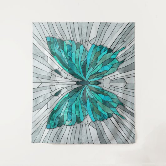 Butterfly Mosaic - Emerald Green und Grau Wandteppich (Vorderseite)