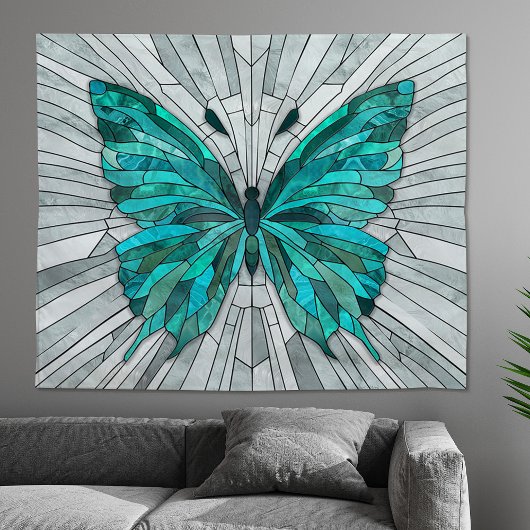 Butterfly Mosaic - Emerald Green und Grau Wandteppich