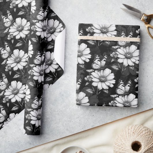Butterfly On Blume Design - Schwarz Geschenkpapier