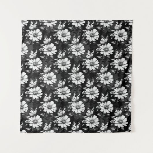 Butterfly On Blume Design - Schwarz Wandteppich (Vorderseite)