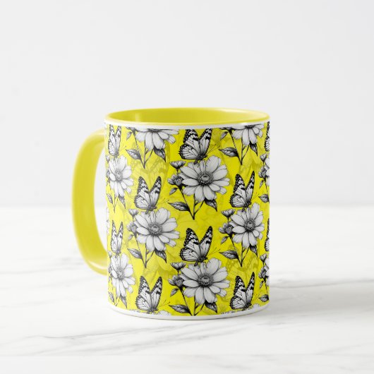 Butterfly On Blume Muster Gelb Design Tasse (Vorderseite Links)