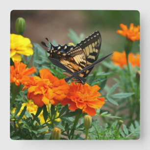 Butterfly on Orange and Yellow Flowers Wall Clock Quadratische Wanduhr
