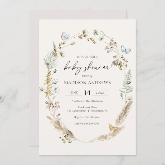 Butterfly on Way Boho Baby Shower Einladung (Vorne/Hinten)