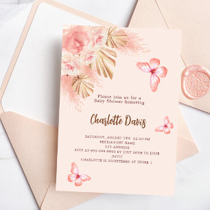 Butterfly Pampas Gras Rosa Mädchen Babydusche Einladung