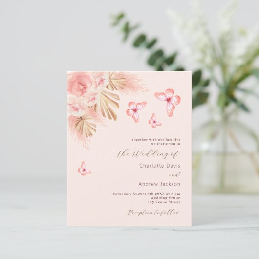 Butterfly Pampas QR UAWG Budget Einladung Hochzeit (Stehend Vorderseite)