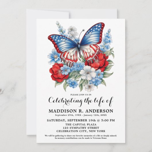 Butterfly Patriotic Beerdigung Feier des Lebens Einladung (Vorderseite)