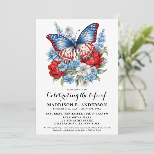Butterfly Patriotic Beerdigung Feier des Lebens Einladung (Stehend Vorderseite)