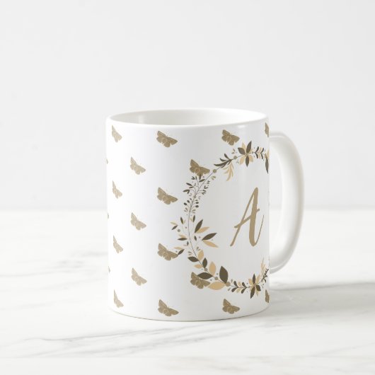 Butterfly Pattern Girly Niedlich Modern Monogram Kaffeetasse (VorderseiteRechts)