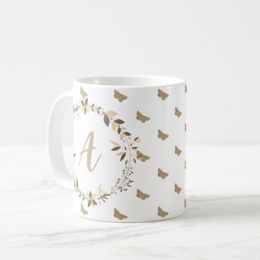 Butterfly Pattern Girly Niedlich Modern Monogram Kaffeetasse (Vorderseite Links)