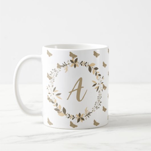 Butterfly Pattern Girly Niedlich Modern Monogram Kaffeetasse (Links)