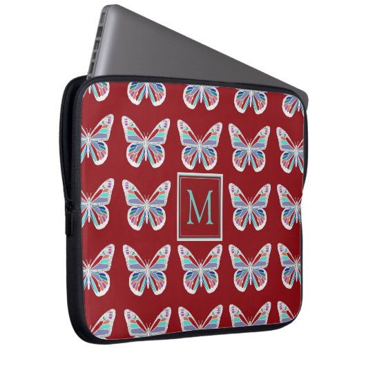Butterfly Pattern on Burgundy Monogram Laptopschutzhülle (Vorne Rechts)